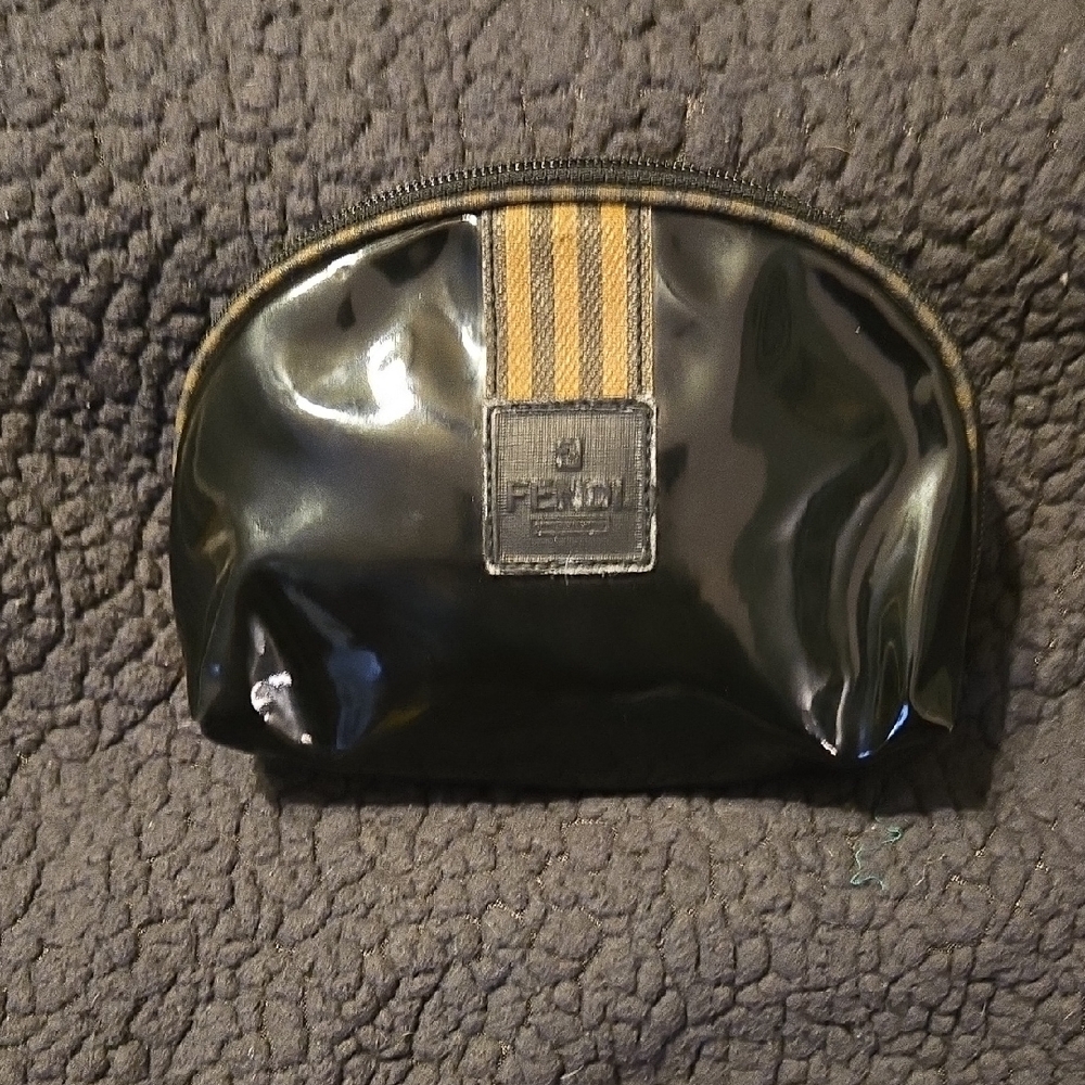 Fendi Glossy Black Toiletry Bag with Tan Stripes